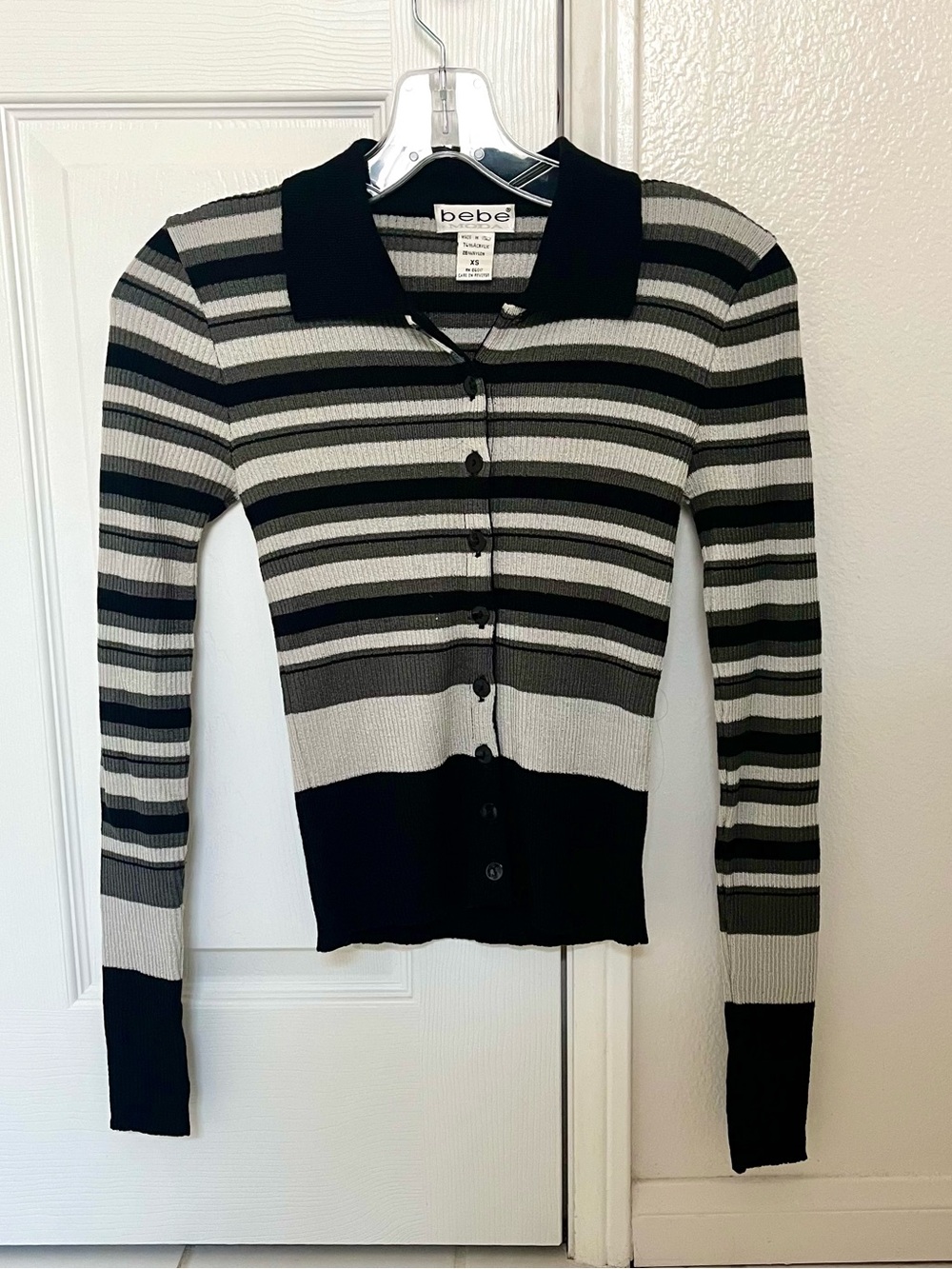 Bebe Black & Gray Striped Ribbed Button-Up Cardigan